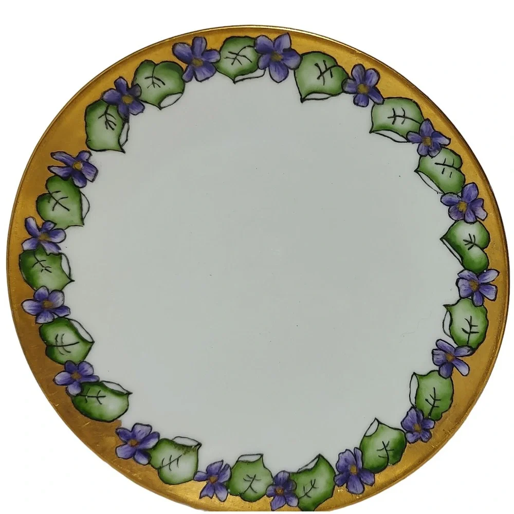 Antique PT Tirschenreuth‎ Dessert Plates Bavaria Violet Gold Trim Signed Set Two